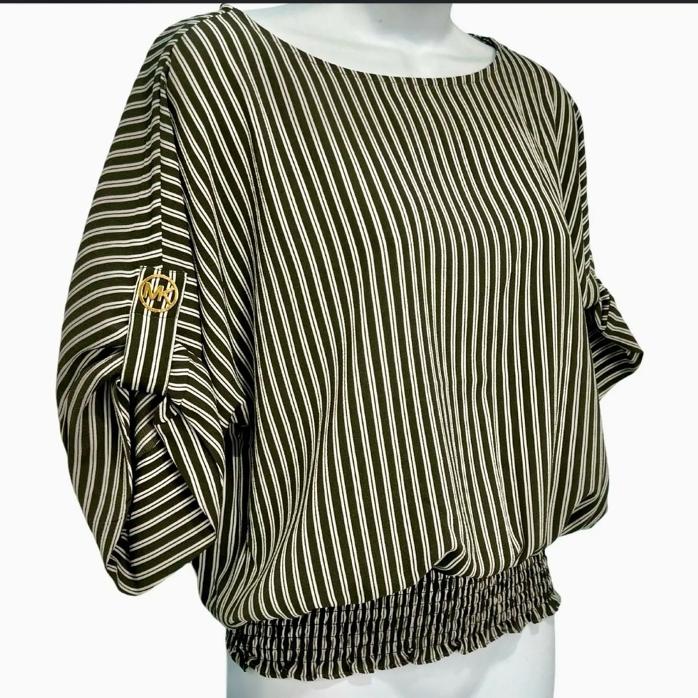NWT - Michael Kors Olive Green Striped Dolman Sleeve Blouse –Size S MSRP $110